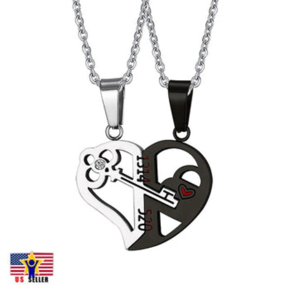 Valentine Romantic Couple Heart Key Crystal Pendant Her & His Love Necklace Set